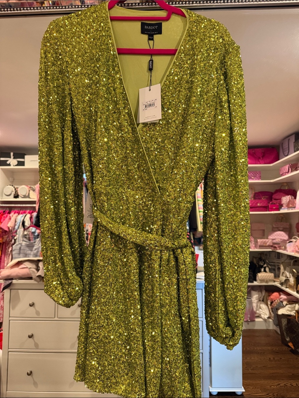 Bardot Lime Green Sequin Wrap Mini Dress